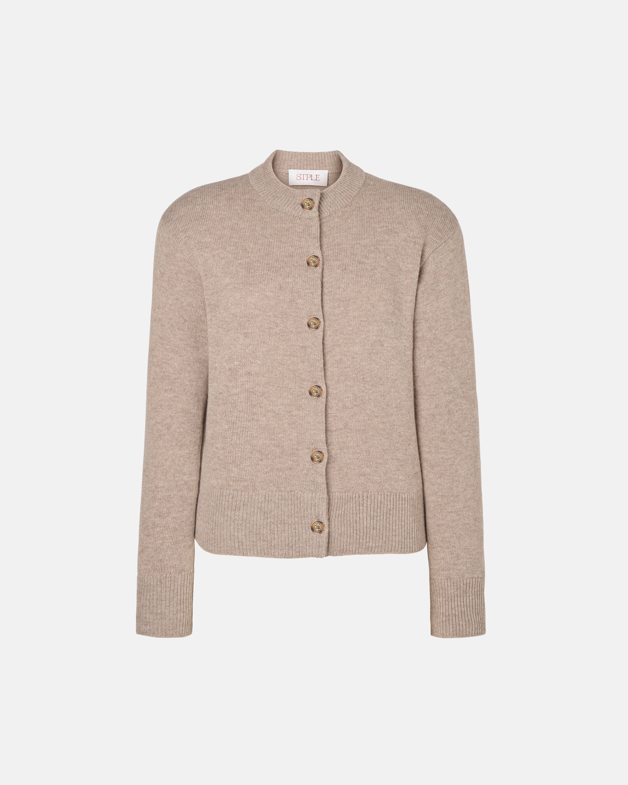 HIGH-NECK CASHMERE AND WOOL KNIT CARDIGAN IN FLAX