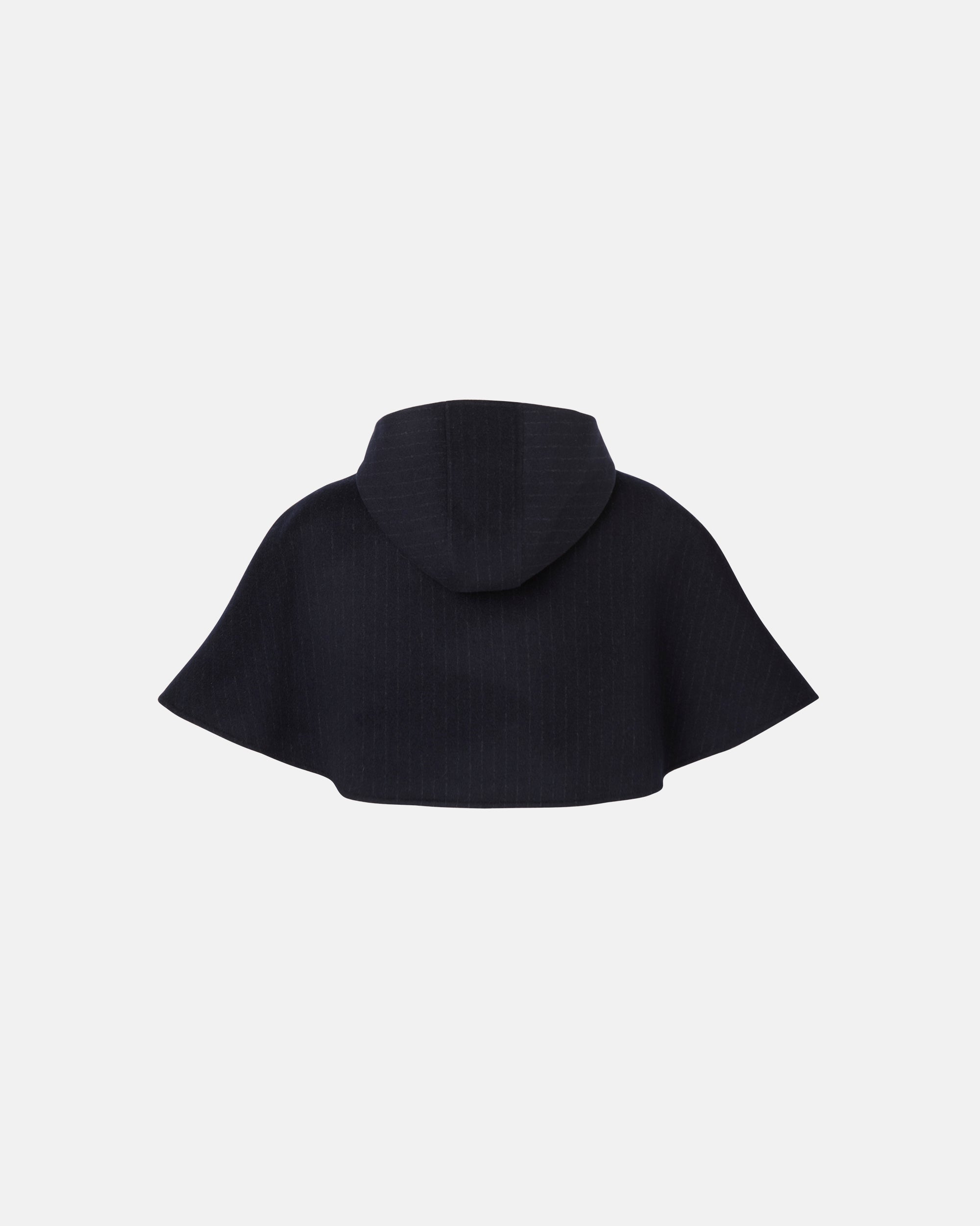 HOODED DRAPE WOOL SCARF IN NAVY AND GREY STRIPE