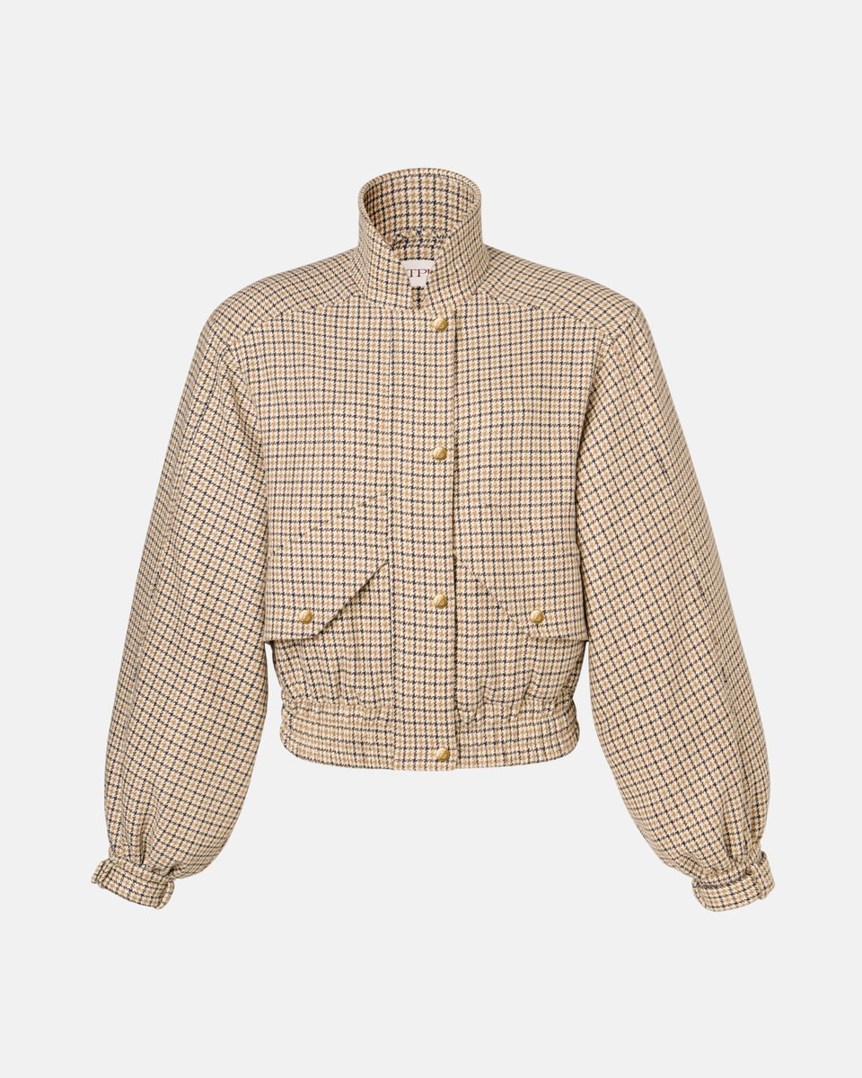 WOOL AND VISCOSE CROPPED BOMBER JACKET IN HOUNDSTOOTH